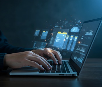 A person is typing on a laptop with a cloud and folder graphic overlay, representing data transfer and management for business or personal use